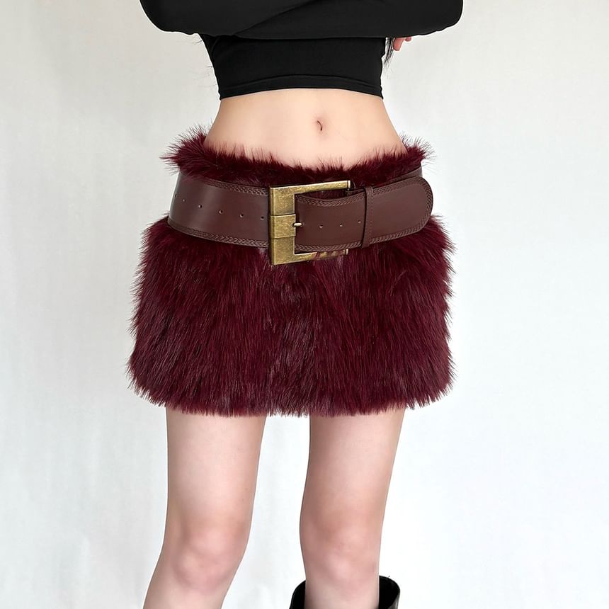 Low Waist Furry Mini Pencil Skirt with Faux Leather Belt