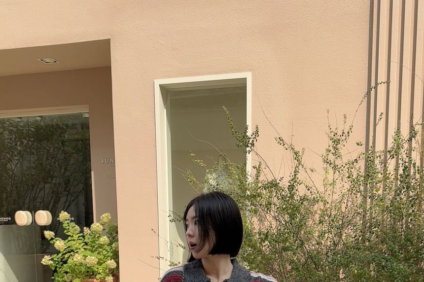 Striped Sweater with Collar and Henley Neckline