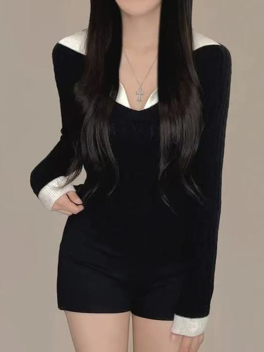 Mock Two-Piece Cable Knit Top with Long Sleeves, V-Neck, and Collar