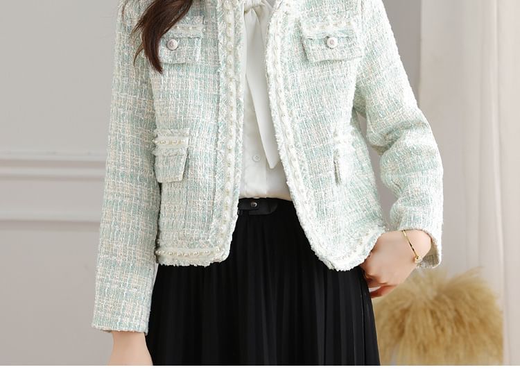 Round Neck Tweed Open Front Jacket