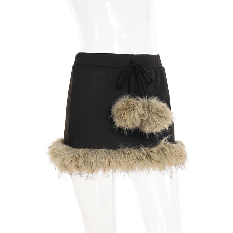 Fluffy Trim Pom Pom Mid Rise Pencil Skirt