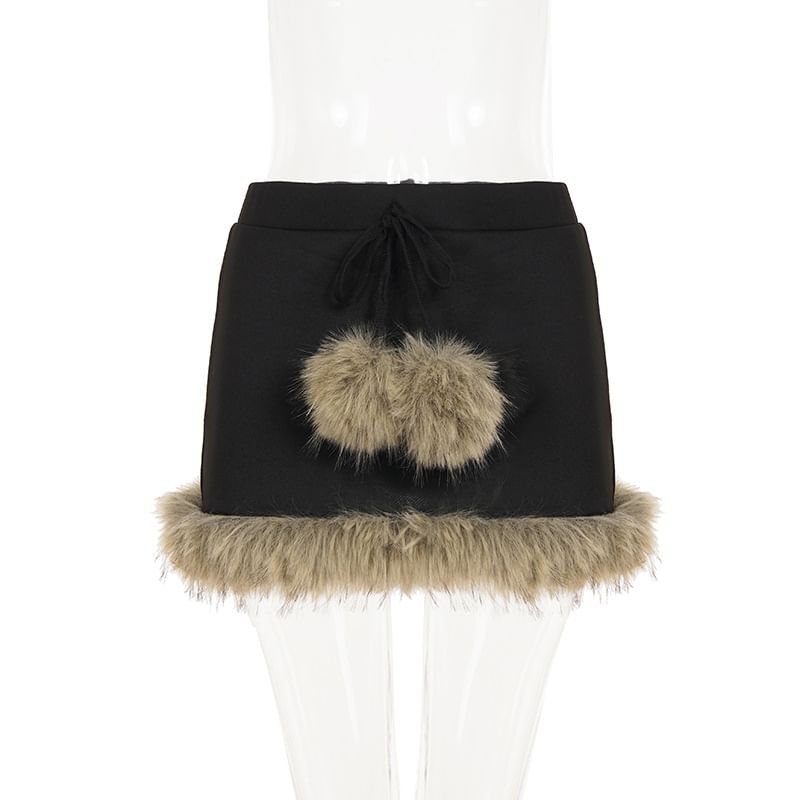 Fluffy Trim Pom Pom Mid Rise Pencil Skirt
