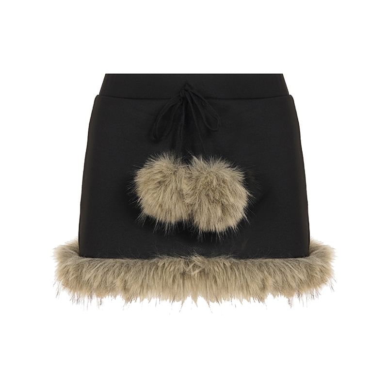 Fluffy Trim Pom Pom Mid Rise Pencil Skirt