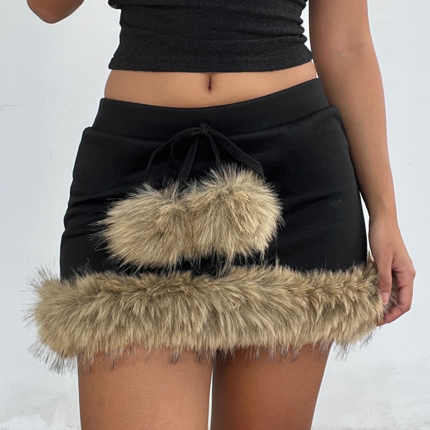 Fluffy Trim Pom Pom Mid Rise Pencil Skirt