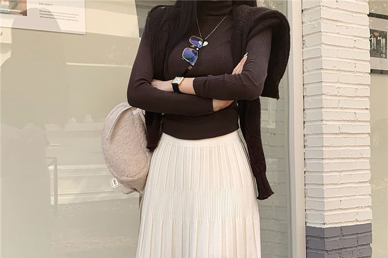 Ribbed Knit Maxi A-Line Skirt High Waist
