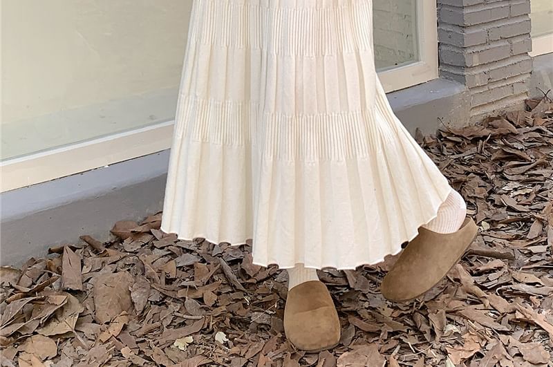Ribbed Knit Maxi A-Line Skirt High Waist