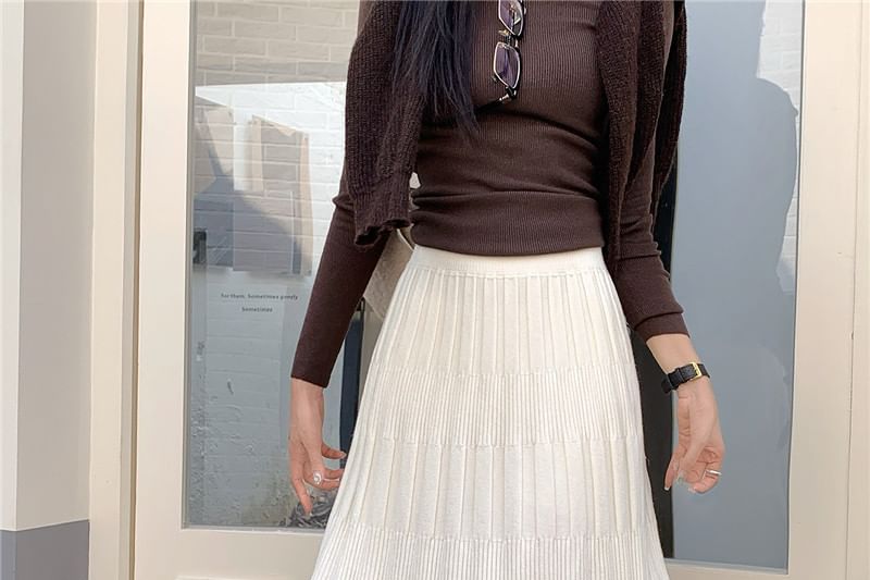 Ribbed Knit Maxi A-Line Skirt High Waist
