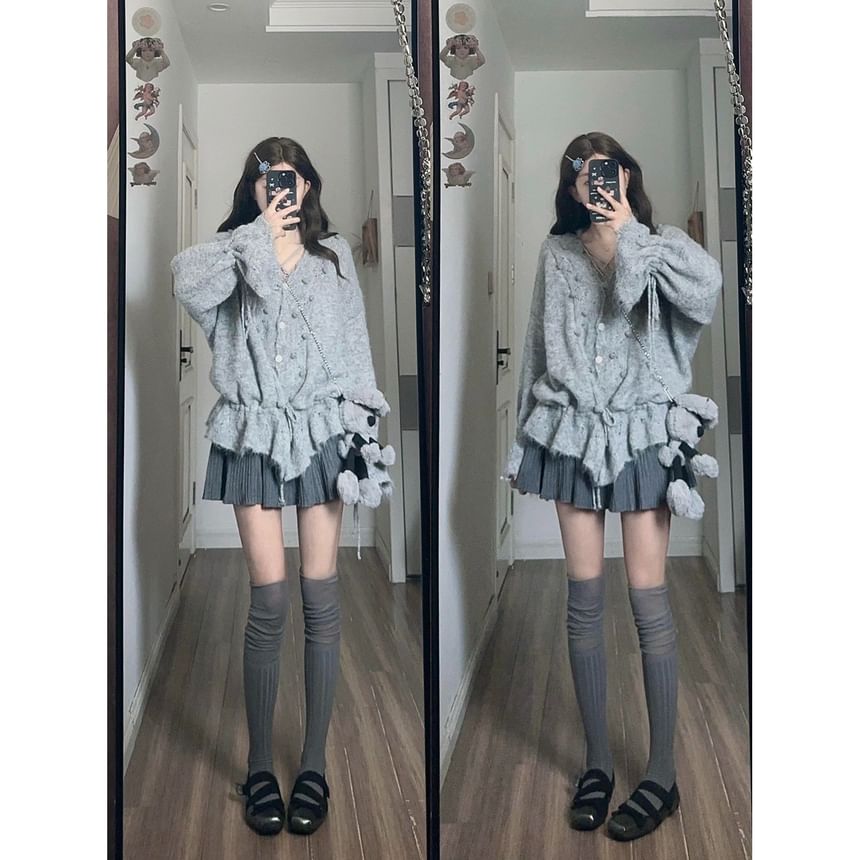 V-Neck Pom Pom Perforated Button-Up Plain Cardigan