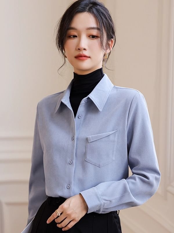 Collared Button-Up Blouse with Long Sleeves, Plain Design