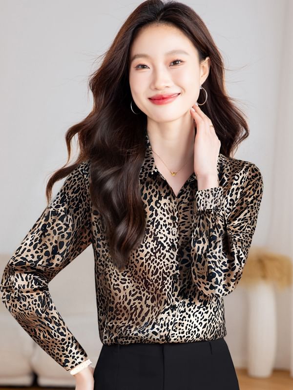 Leopard Print Button-Up Collared Blouse with Long Sleeves