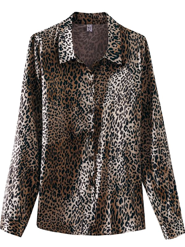 Leopard Print Button-Up Collared Blouse with Long Sleeves