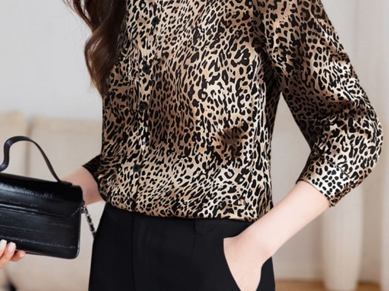 Leopard Print Button-Up Collared Blouse with Long Sleeves