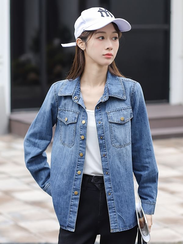 Washed Denim Shirt Jacket with Button-Up Front