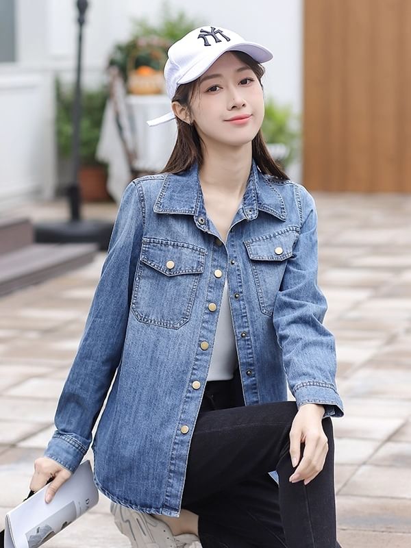 Washed Denim Shirt Jacket with Button-Up Front
