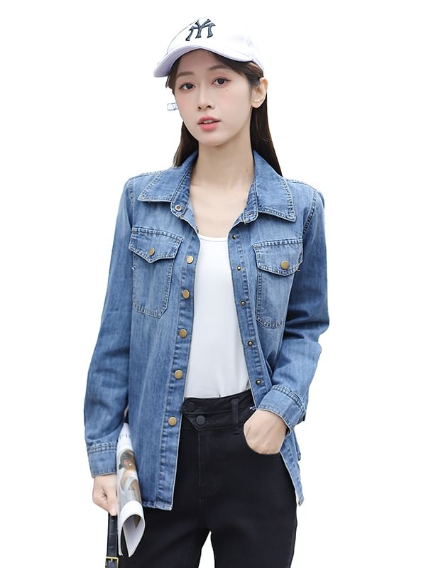 Washed Denim Shirt Jacket with Button-Up Front