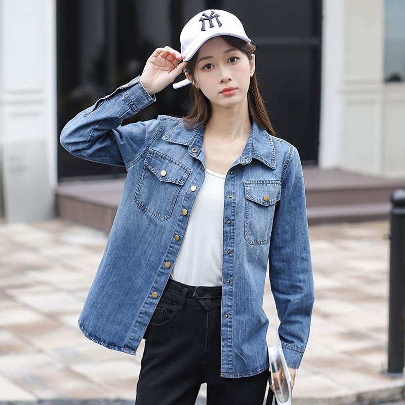 Washed Denim Shirt Jacket with Button-Up Front