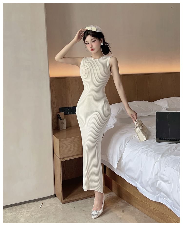 Set: Batwing-Sleeve Turtleneck Cable Knit Crop Top + Sleeveless Round Neck Slit Maxi Sheath Knit Dress