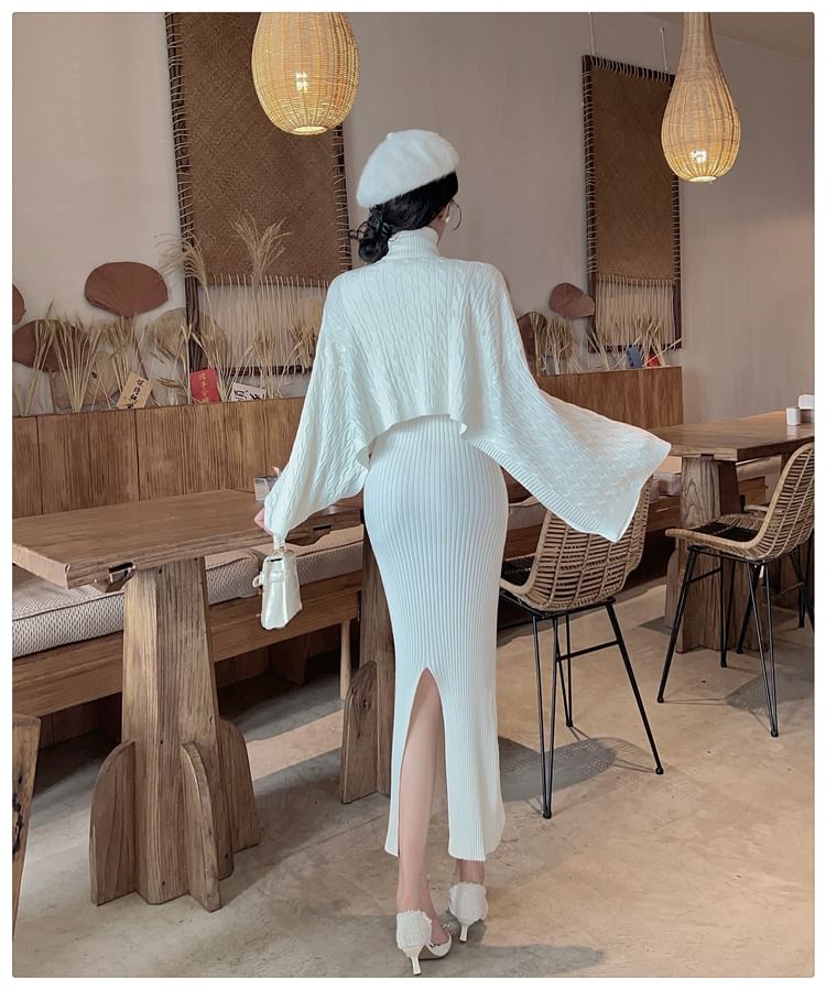 Set: Batwing-Sleeve Turtleneck Cable Knit Crop Top + Sleeveless Round Neck Slit Maxi Sheath Knit Dress