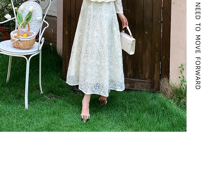 Set: Long-Sleeve Stand Collar Peplum Lace Blouse + High Waist Maxi A-Line Skirt