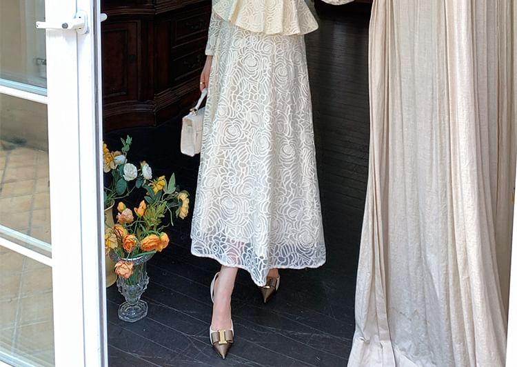 Set: Long-Sleeve Stand Collar Peplum Lace Blouse + High Waist Maxi A-Line Skirt