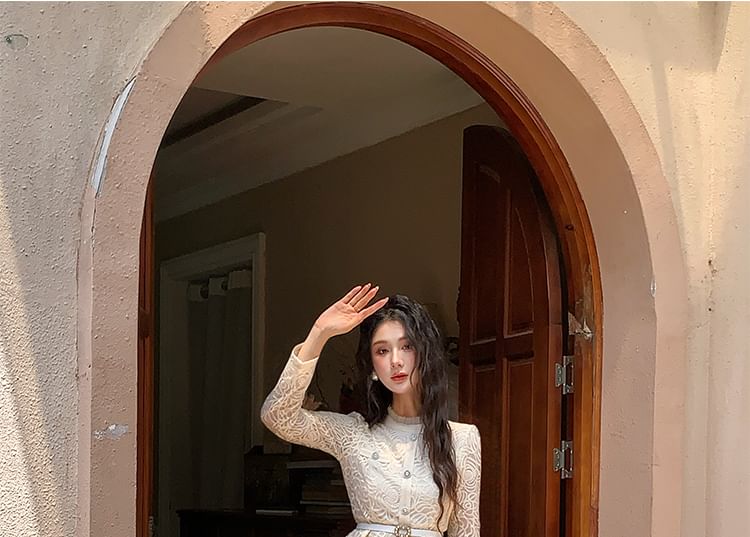 Set: Long-Sleeve Stand Collar Peplum Lace Blouse + High Waist Maxi A-Line Skirt
