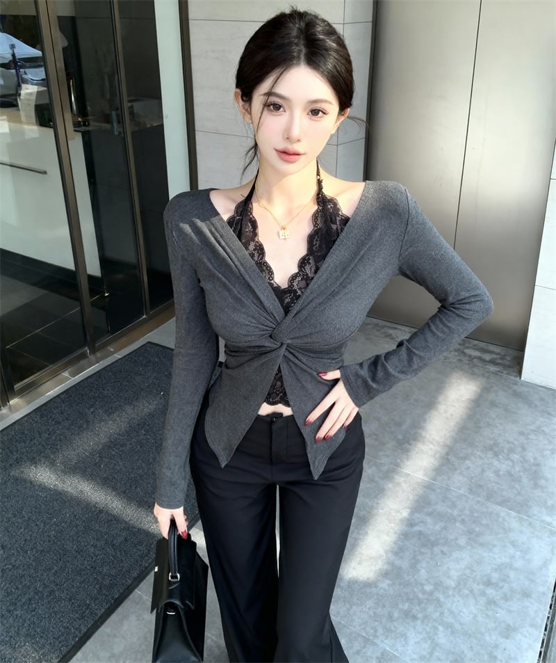 Mock Two-Piece Halter V-Neck Crop Top with Long Sleeves, Lace Panel, and Slit