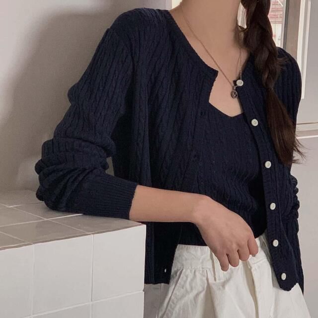 Cable Knit V-Neck Cami & Crewneck Cardigan Two-Piece Set