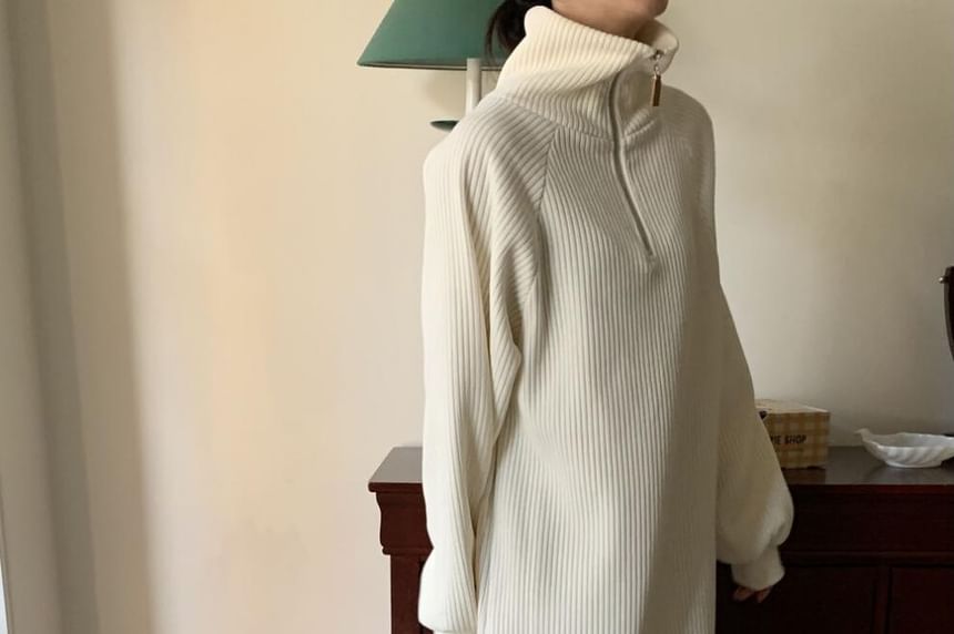 Long Sleeve Stand Collar Plain Half Zip Corduroy Maxi Loose Fit Dress