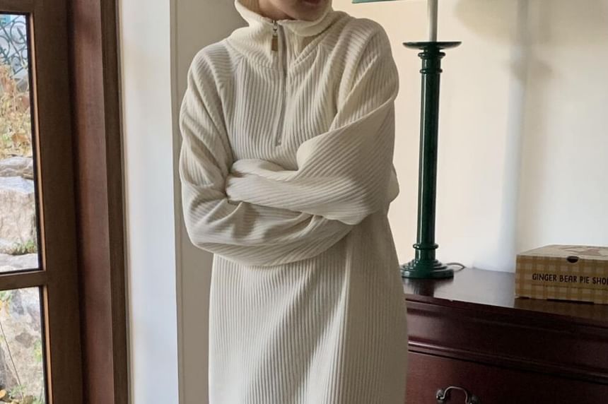 Long Sleeve Stand Collar Plain Half Zip Corduroy Maxi Loose Fit Dress