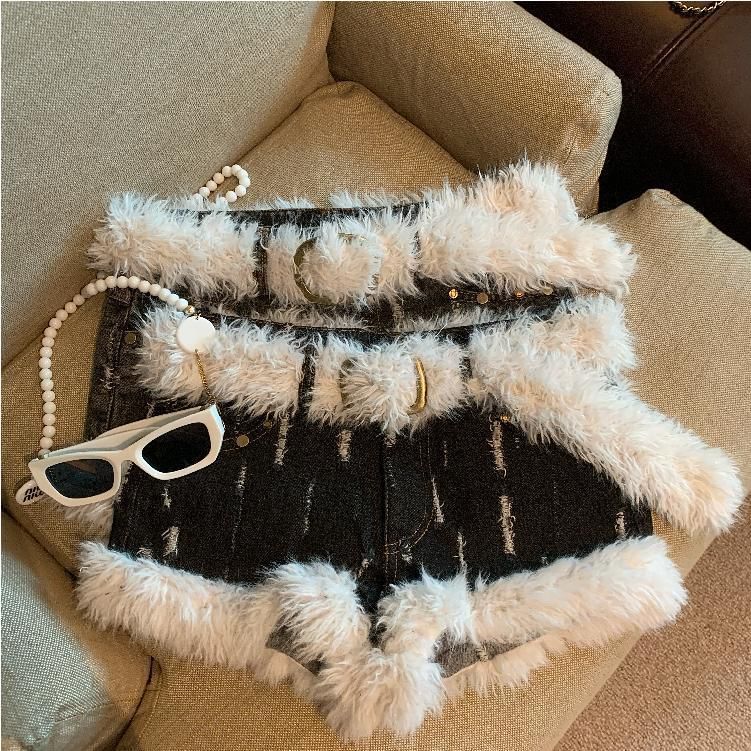 Low Rise Distressed Belted Panel Fluffy Denim Hot Pants