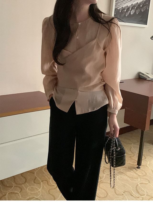 Mock Two-Piece Round Neck Long Sleeve Solid Blouse