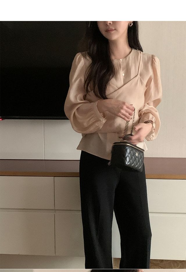 Mock Two-Piece Round Neck Long Sleeve Solid Blouse
