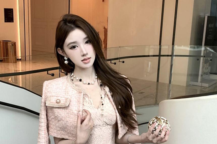 Cap-Sleeve V-Neck Lace Panel Tie Waist Mesh High Low A-Line Dress / Crew Neck Button-Up Tweed Crop Jacket / Set