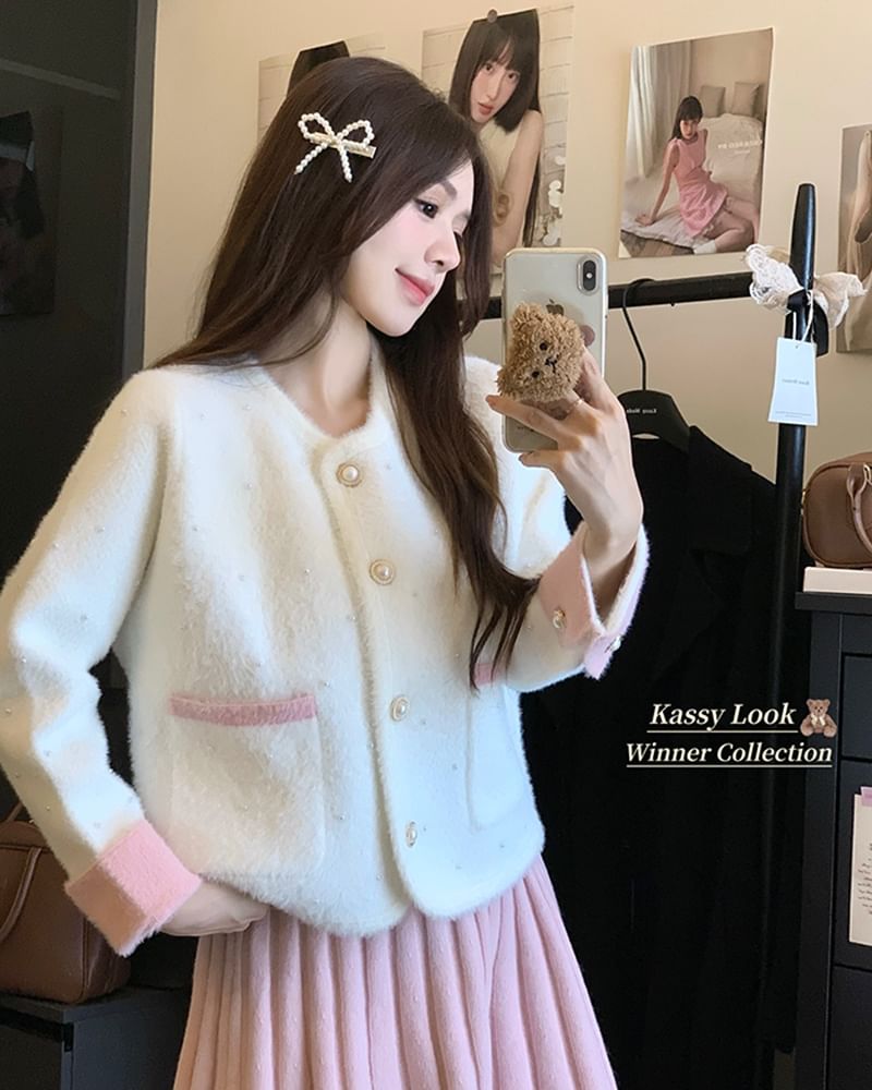 Round Neck Two Tone Beaded Faux Pearl Button Cardigan