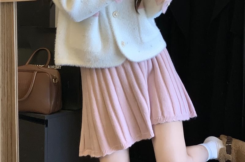 Round Neck Two Tone Beaded Faux Pearl Button Cardigan