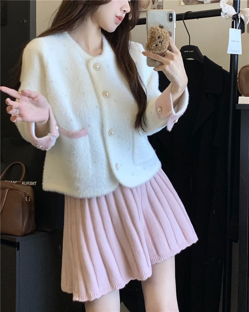 Round Neck Two Tone Beaded Faux Pearl Button Cardigan