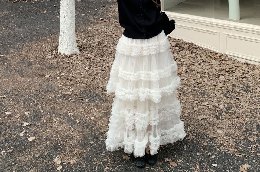Two Tone Ruffle Cardigan and Tiered Mesh Maxi Skirt