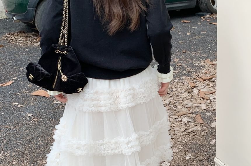 Two Tone Ruffle Cardigan and Tiered Mesh Maxi Skirt
