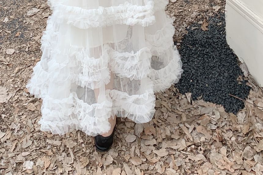 Two Tone Ruffle Cardigan and Tiered Mesh Maxi Skirt