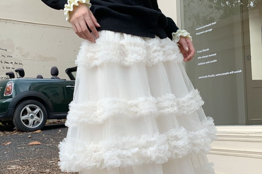 Two Tone Ruffle Cardigan and Tiered Mesh Maxi Skirt
