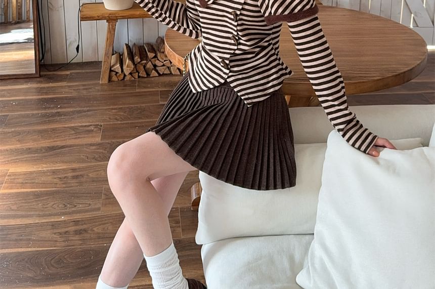 One Shoulder Striped Top and Pleated Mini Skirt