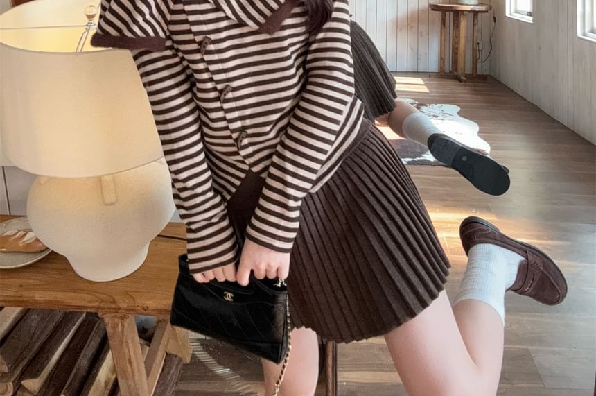 One Shoulder Striped Top and Pleated Mini Skirt