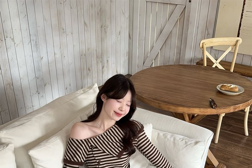 One Shoulder Striped Top and Pleated Mini Skirt