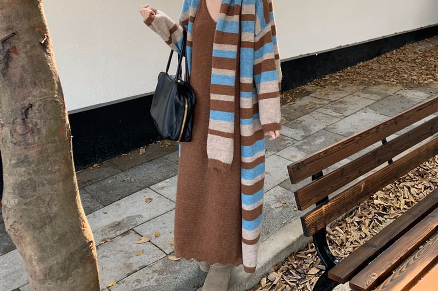Striped Cardigan / Scarf / V-Neck Plain Knit Maxi A-Line Dress / Set