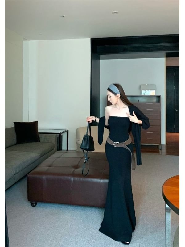 Set: Plain Cardigan + Strapless Knit Maxi A-Line Dress