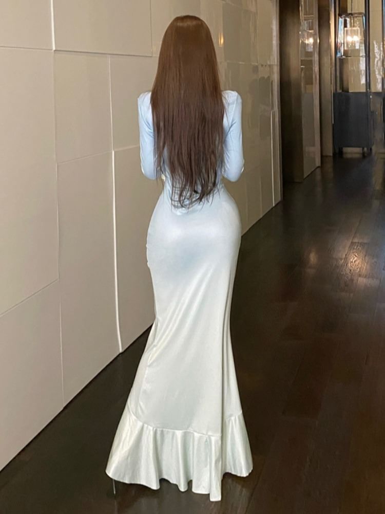 Long-Sleeve V-Neck Gradient Maxi Mermaid Dress