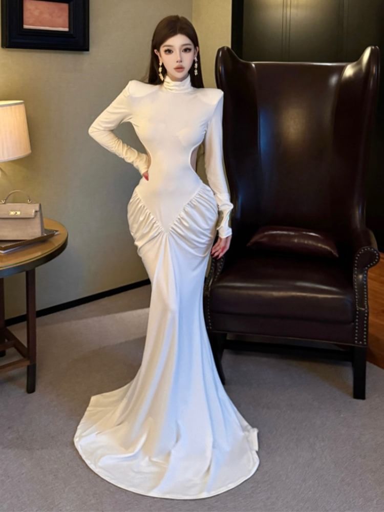 Long-Sleeve Mock Neck Plain Maxi Triumph Dress