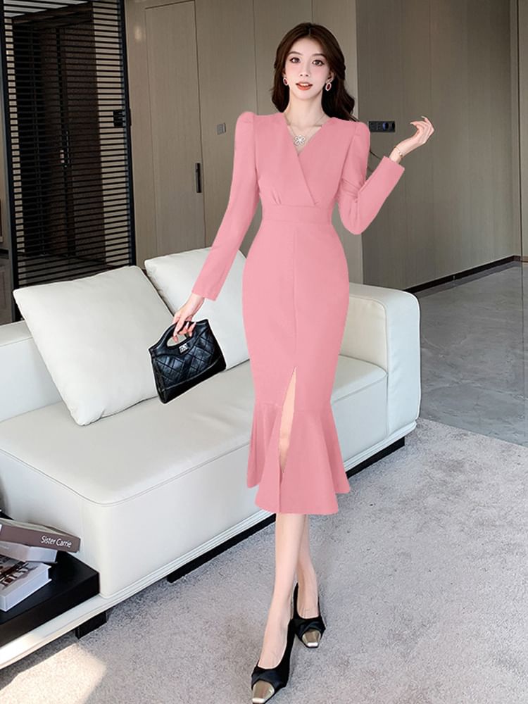 Long-Sleeve V-Neck Plain Maxi Mermaid Dress