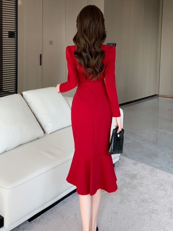Long-Sleeve V-Neck Plain Maxi Mermaid Dress
