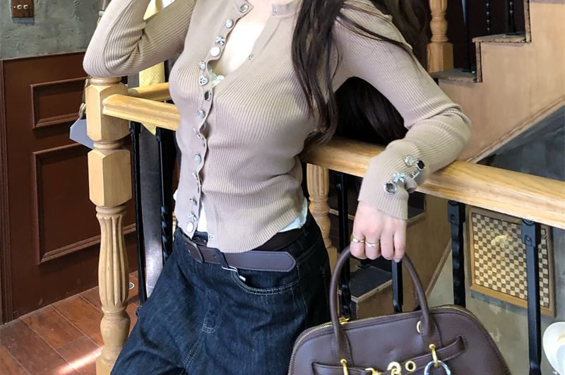 Crew Neck Plain Ribbed Cardigan
